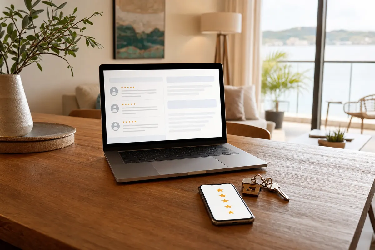 Workspace with vacation rental keys, a laptop, and review draft symbols for Airbnb review examples