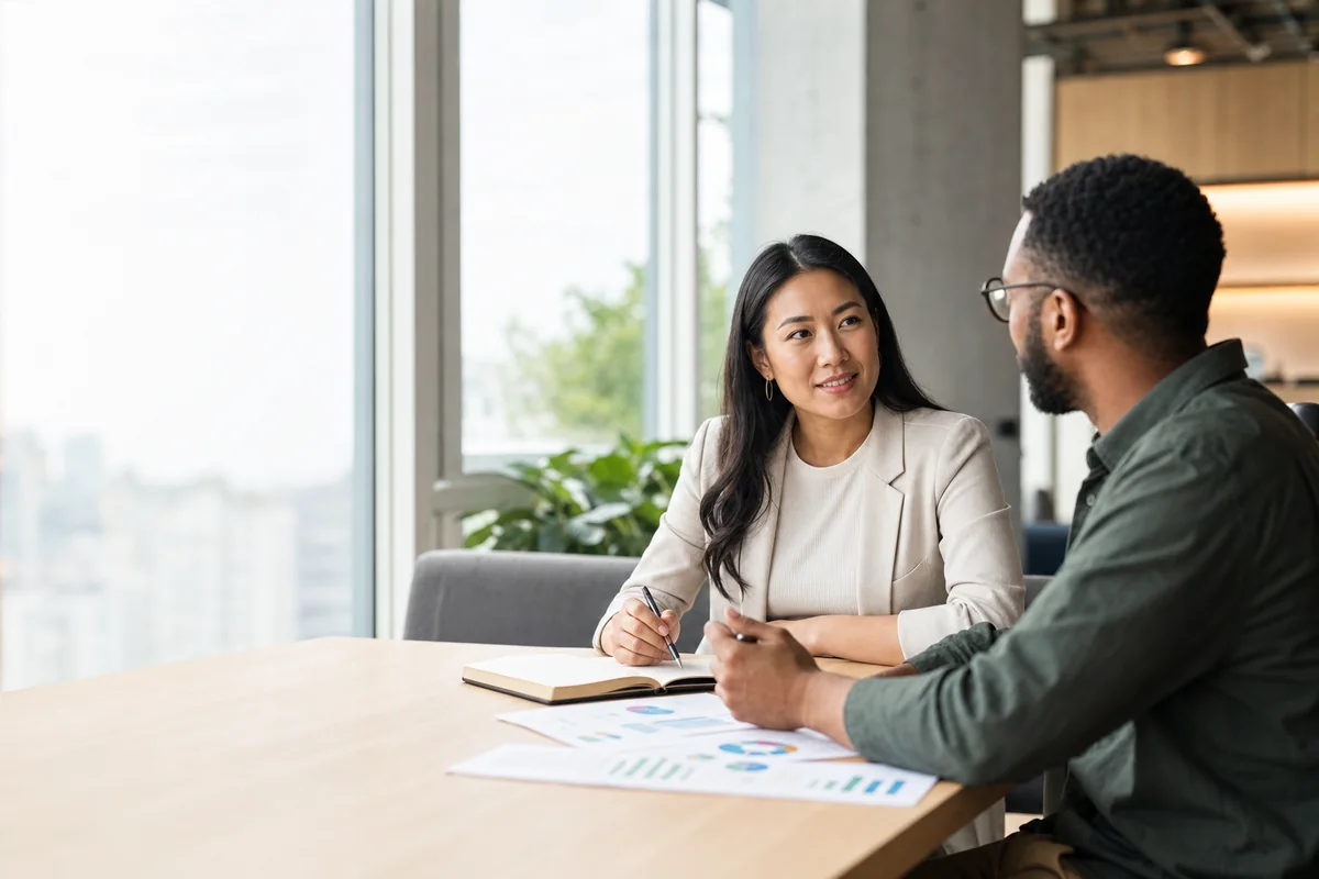 Manager and employee discussing performance review examples in a constructive meeting