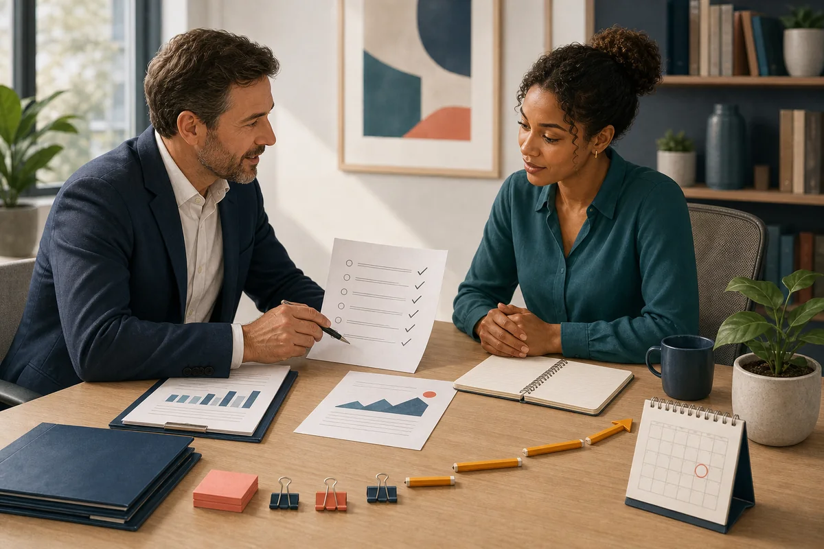 Manager using an evidence behavior impact and next step framework during employee feedback