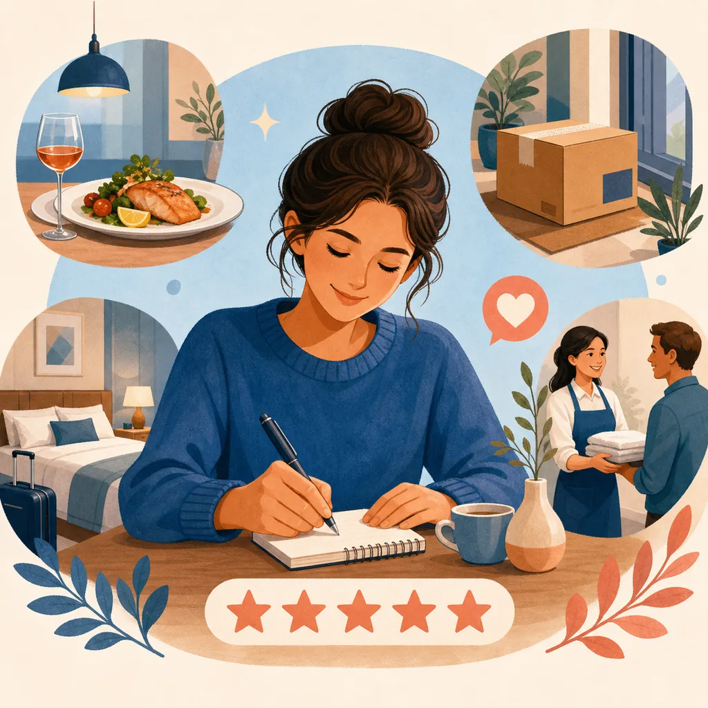 Customer writing an honest positive review after several types of service experiences