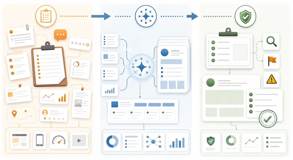 Three-step workflow showing real product notes, an AI draft, and a human compliance edit checklist