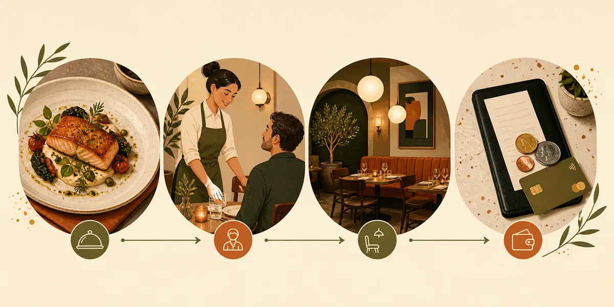 Four-part restaurant review framework showing food, service, atmosphere, and value