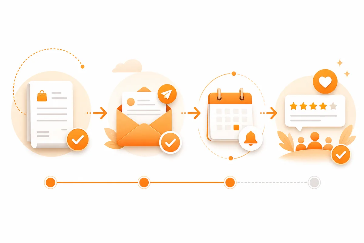 Review request workflow from purchase receipt to follow-up email and review page