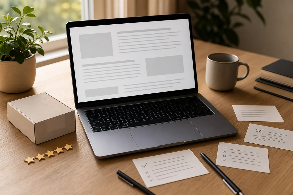 Laptop, product box, star shapes, and review note cards for an AI product review writing guide
