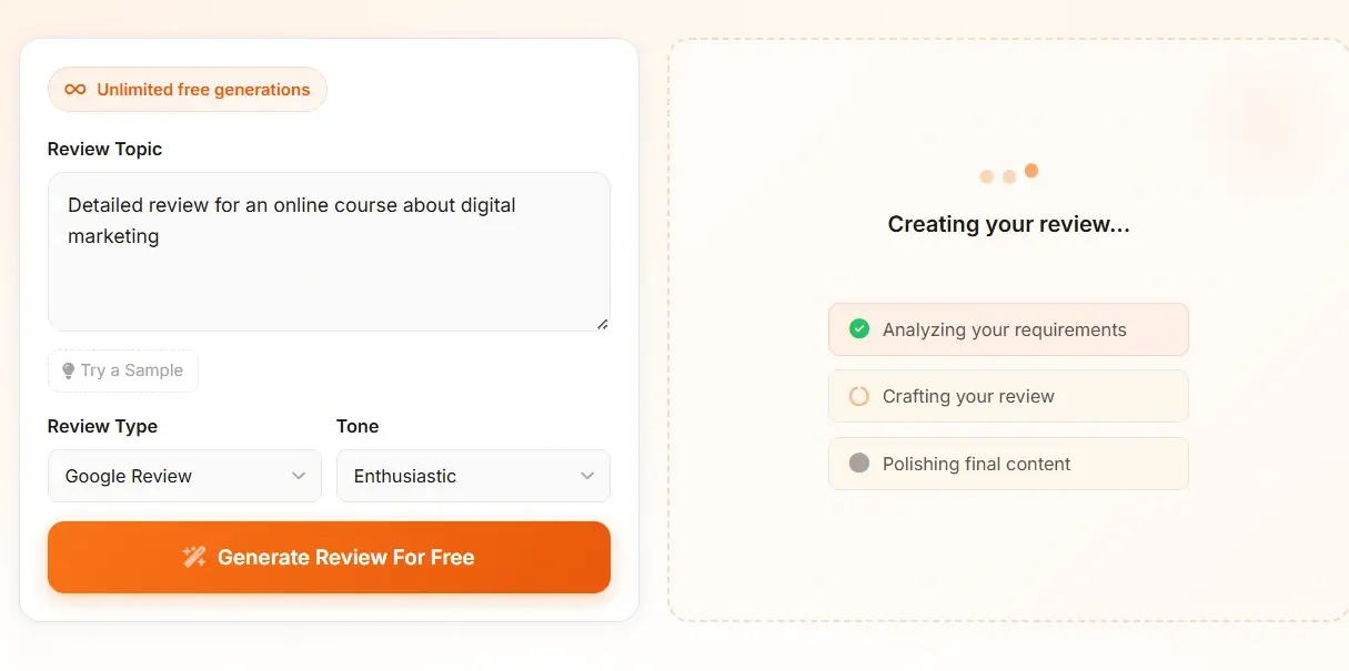 AI Review Generator success screen showing completed review generation with rating