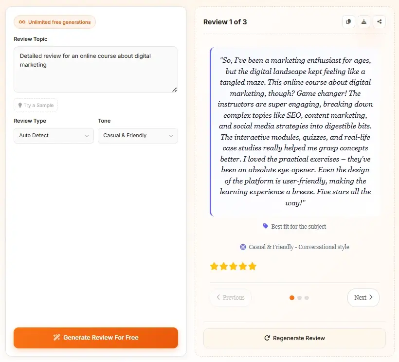 AI Review Generator form and review output - first of three generated reviews