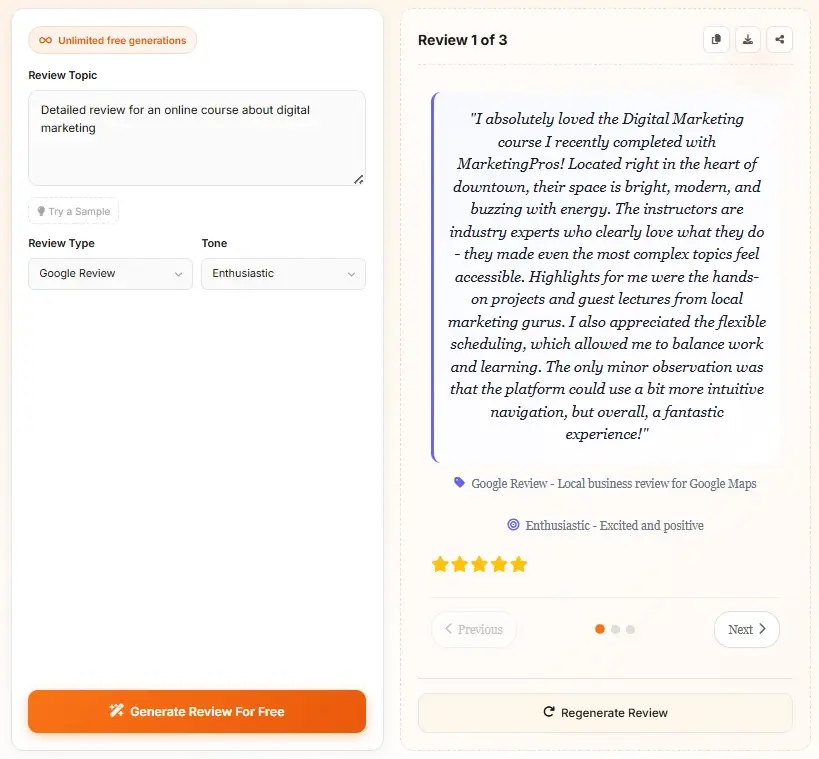 AI Review Generator form and review output - second of three generated reviews