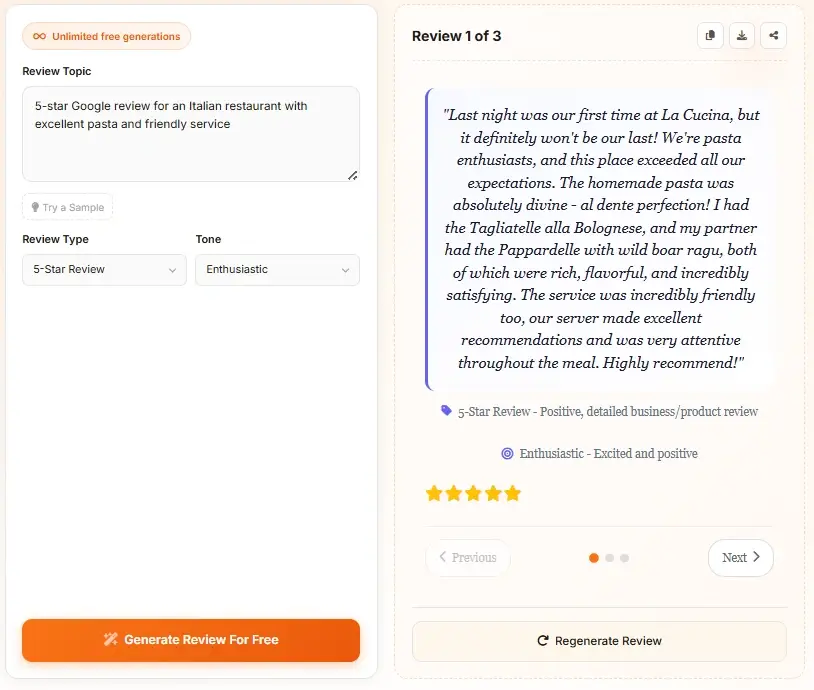 AI Review Generator interface showing 5-star restaurant review with detailed feedback and rating