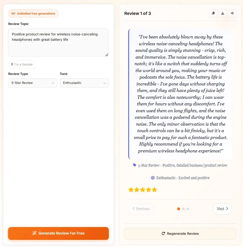 AI Review Generator interface showing product review for wireless headphones with star rating