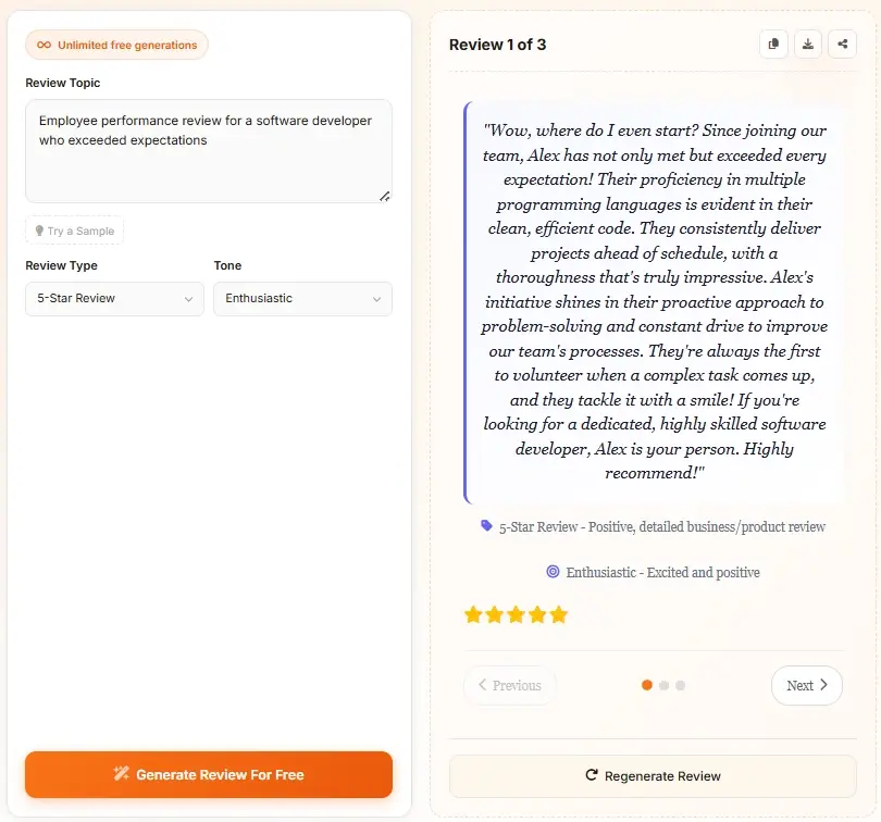 AI Review Generator interface showing employee performance review with professional feedback