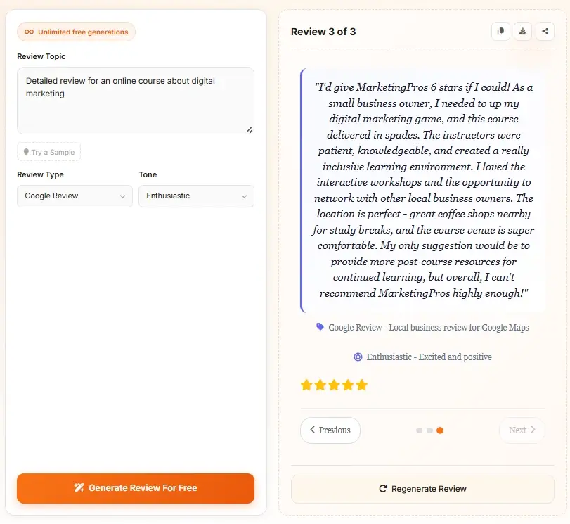 AI Review Generator user review example - second variation with 5-star rating
