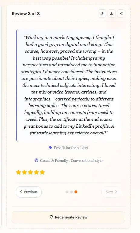AI Review Generator user review example - third variation with detailed feedback